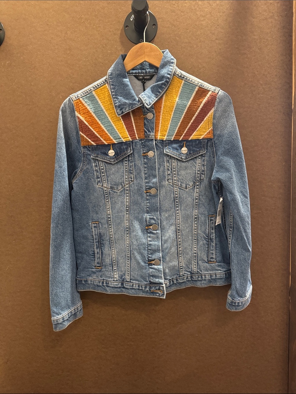 DRIFTWOOD Denim Jacket with Sunset Embroidered Back - Blue/Yellow/Rust - Picture 2 of 5